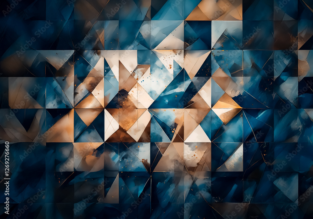 Poster abstract geometric artwork featuring a mosaic of triangles in shades of blue and gold, creating a te