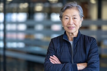 Fototapeta premium Confident Elderly Asian Woman Smiling Crossed Arms Modern Office - Empowerment Diversity Business Marketing Materials Promoting Inclusivity Professionalism