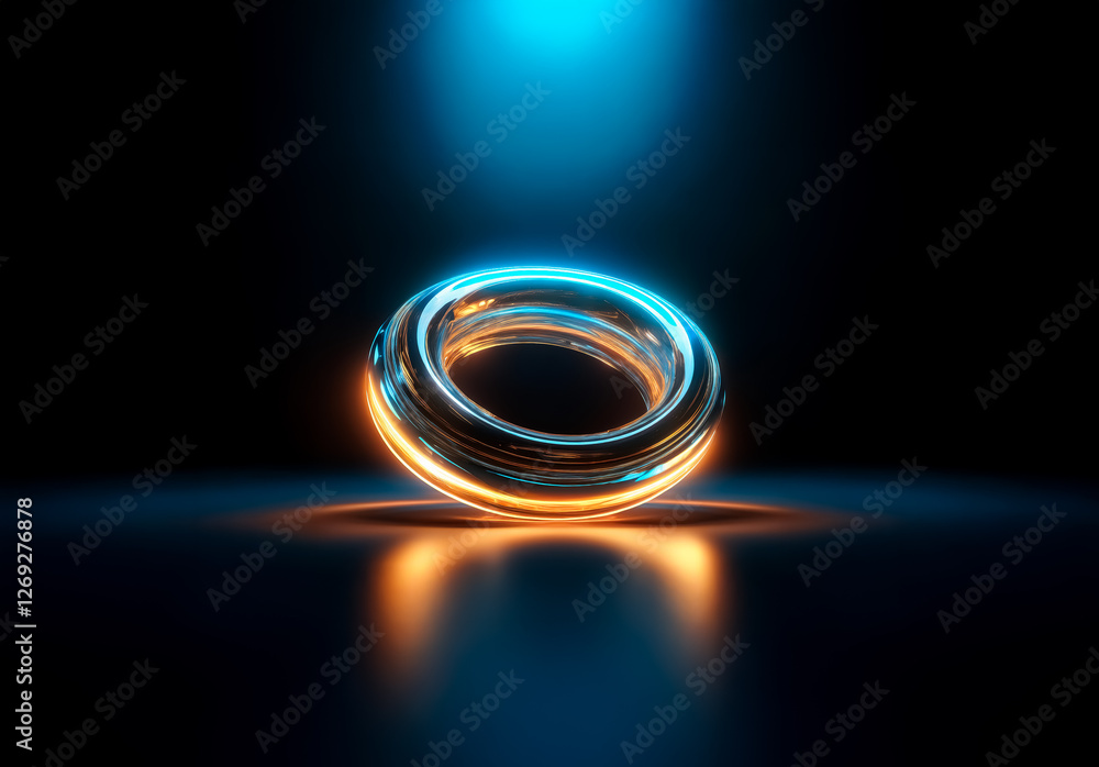 Poster luminous torus with vibrant neon blue and orange light glows on a dark reflective surface, illuminat
