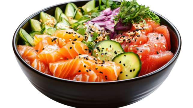 Fresh Poke Bowl: A vibrant poke bowl showcases an array of fresh, colorful ingredients including salmon, avocado, cucumber, and a scattering of sesame seeds, arranged invitingly in a dark bowl.