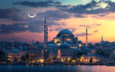 Crescent moon over illuminated Istanbul mosque at twilight