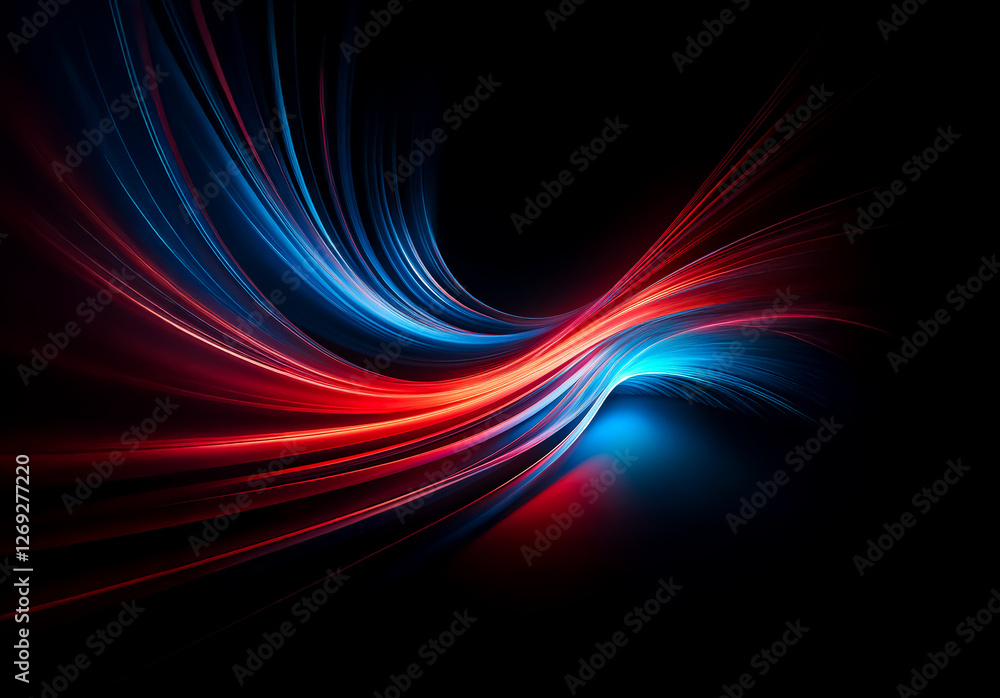 Fototapete Dynamic abstract design featuring flowing red and blue light trails on a black background. Energetic and modern visual effect.