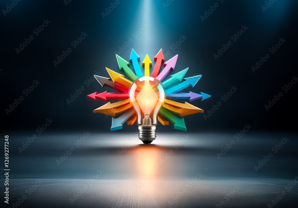 Poster a bright lightbulb emits light, surrounded by colorful arrows pointing outwards. symbolizing ideas, 