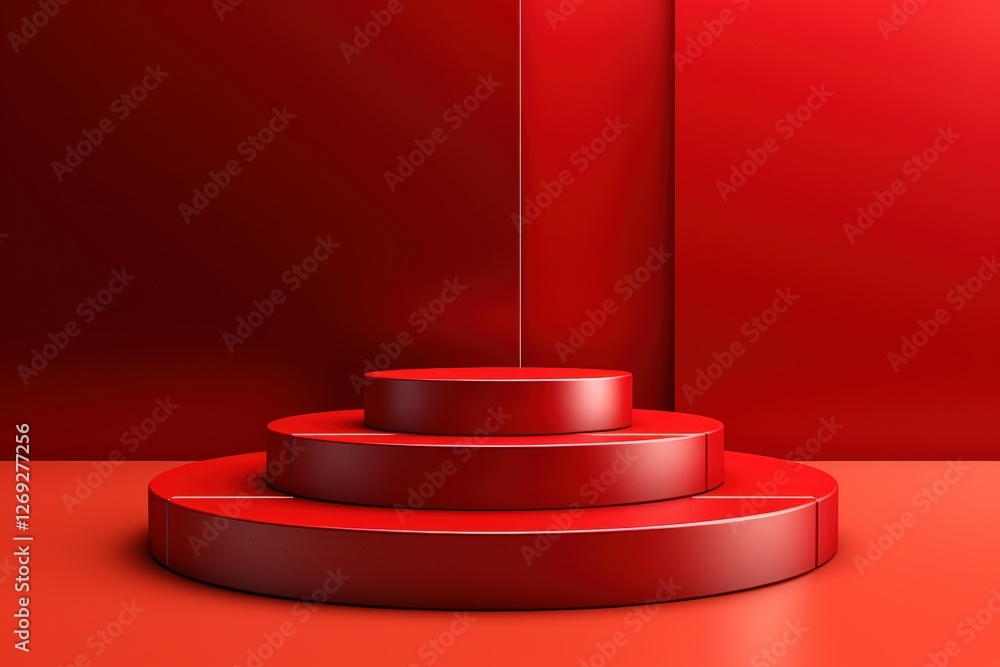 Poster a vibrant red backdrop features three circular platforms, creating a striking visual display that em