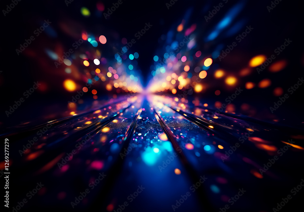 Fototapete abstract image with vibrant bokeh lights in blue, orange, and yellow against a dark backdrop. a sens