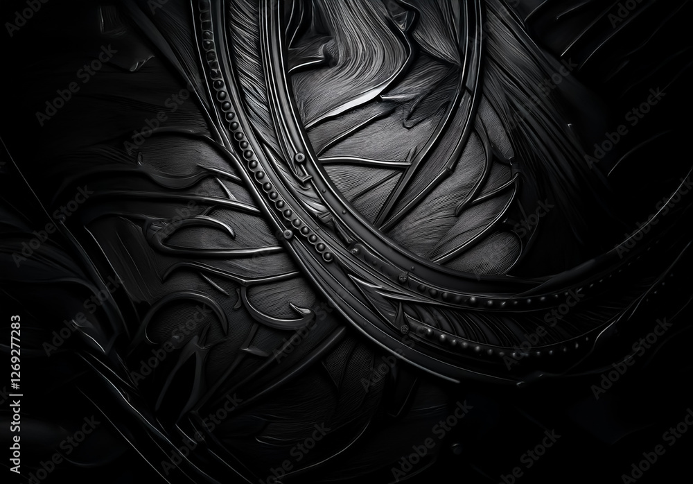 Fototapete Intricate dark abstract background with textured metallic surface. Swirling patterns and curved lines create depth and visual interest.