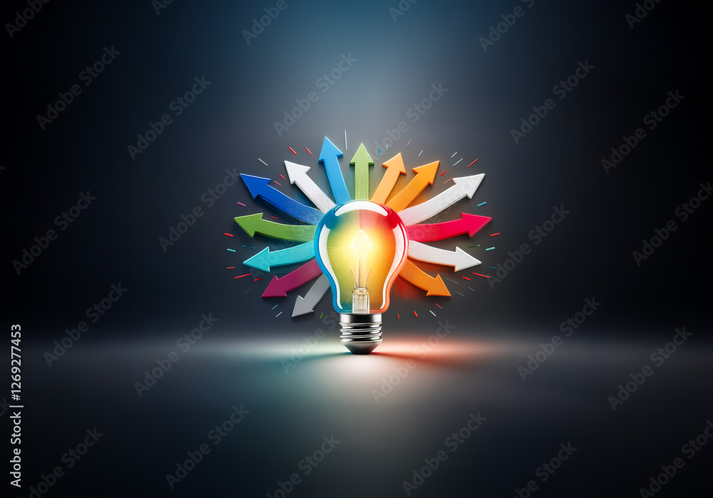 Poster A bright light bulb emits light, surrounded by arrows of various colors pointing outwards, representing ideas expanding in multiple directions.