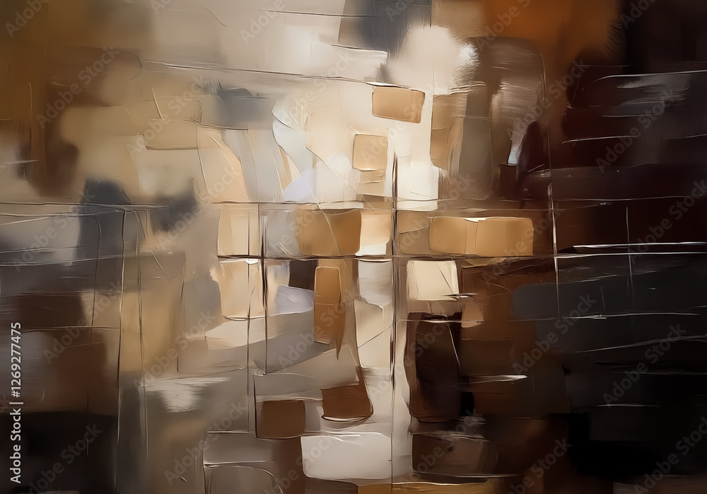 Aufkleber Abstract artwork with textured brushstrokes and blocky shapes in a palette of beige, brown, and white.  It evokes a sense of depth and layered composition with a neutral, earthy feel.