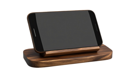 Smartphone Elegance: The image showcases a sleek smartphone resting on a wooden stand, highlighting modern design and functionality.