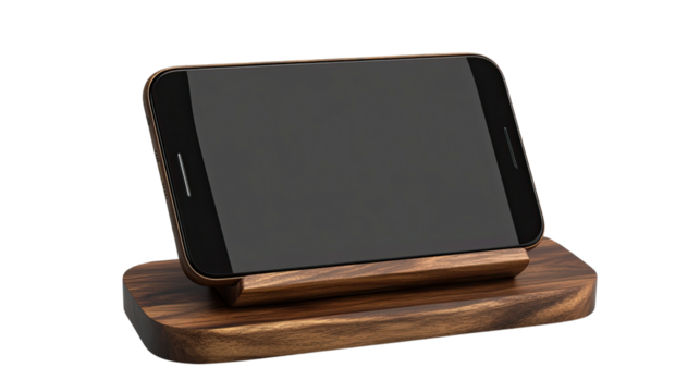 Smartphone Elegance: The image showcases a sleek smartphone resting on a wooden stand, highlighting modern design and functionality.