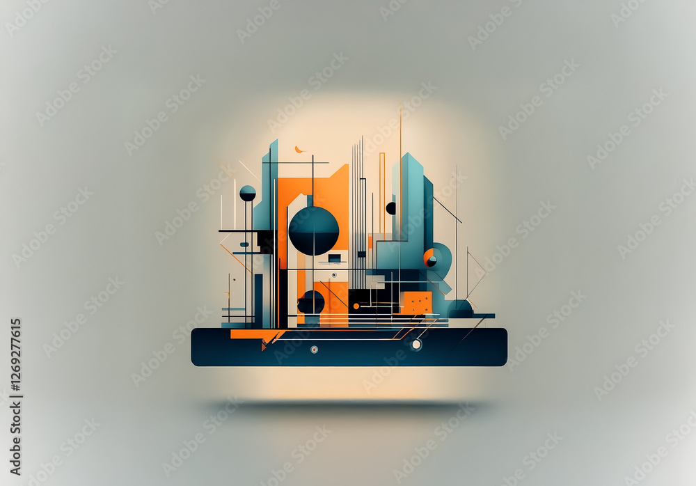 Leinwandbilder Abstract geometric art with orange, blue, black shapes creates a floating structure resembling stylized architecture. Shadow underneath on light background.