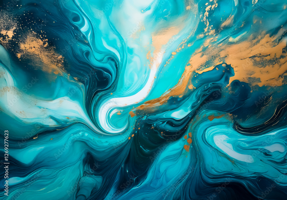 Poster swirling teal, blue, and gold create a fluid abstract design with a dynamic, marble-like effect. the