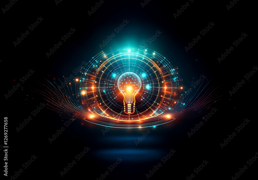Poster Glowing lightbulb surrounded by circular patterns and radiating lines against a dark background. Bright, futuristic, and energy-themed design.