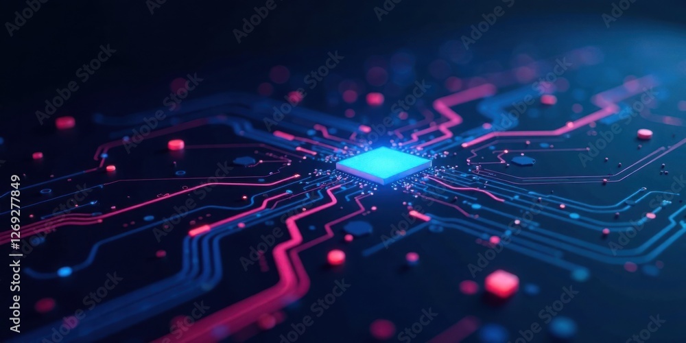 Poster a glowing microchip sits at the heart of a complex network of illuminated pathways, symbolizing the 