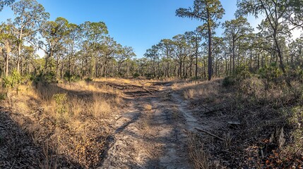 Fototapeta premium Sunny forest trail, coastal pines, dry grass, nature background, travel