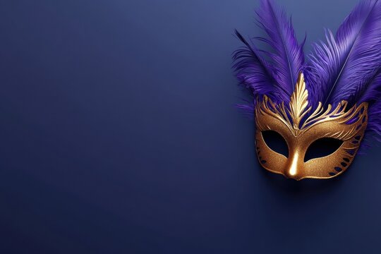 Elegant purple feathered masquerade mask on dark blue background
