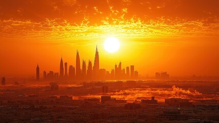 Cityscape sunrise, hazy skyline, orange sky, urban landscape, morning mist, stock photo