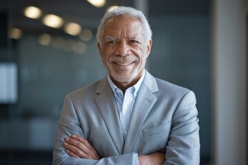 Naklejka premium Confident Older African American Businessman Smiling Light Gray Suit - Professional Leadership Diversity Modern Office Environment Corporate Marketing