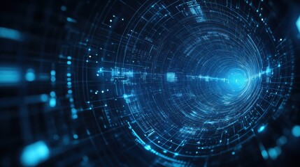 Obraz premium Futuristic digital tunnel with glowing blue lines and particles, representing innovation.