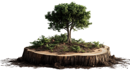 Growth from Within: A verdant tree flourishes atop a weathered tree stump, symbolizing renewal, resilience, and the enduring power of nature, emphasizing growth and the cycle of life.