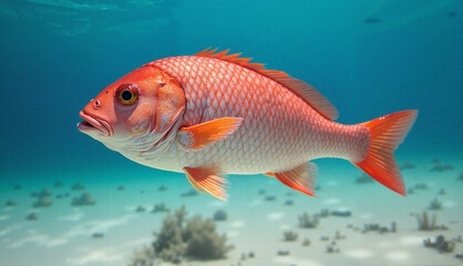 Naklejka premium Red snapper swimming, curious mood, underwater scene in the ocean