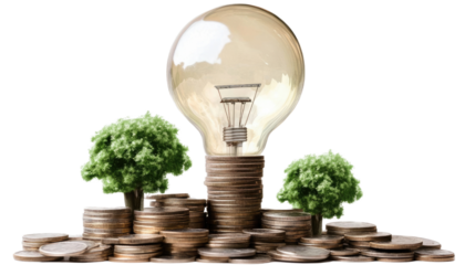 Investing in Bright Ideas: A creative illustration depicts a pile of coins topped by a glowing light bulb, flanked by thriving trees.