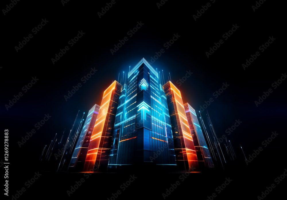 Aufkleber futuristic glowing buildings with neon lights illuminate a dark cityscape. perspective view of vibra
