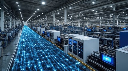 Fototapeta premium A modern factory interior featuring advanced machinery and digital connectivity.