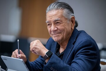 Smiling Older Asian Businessman Engaged Tablet Discussion Modern Office - Professional Development, Leadership, Technology Use Business Success