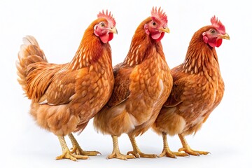 Fototapeta premium Three Brown Hens Isolated on White Background - Stock Photo