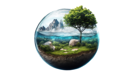 World Within a Globe: A miniature world encapsulated within a glass globe, showcasing a serene landscape with a tree, mountains, and water, representing environmental consciousness.