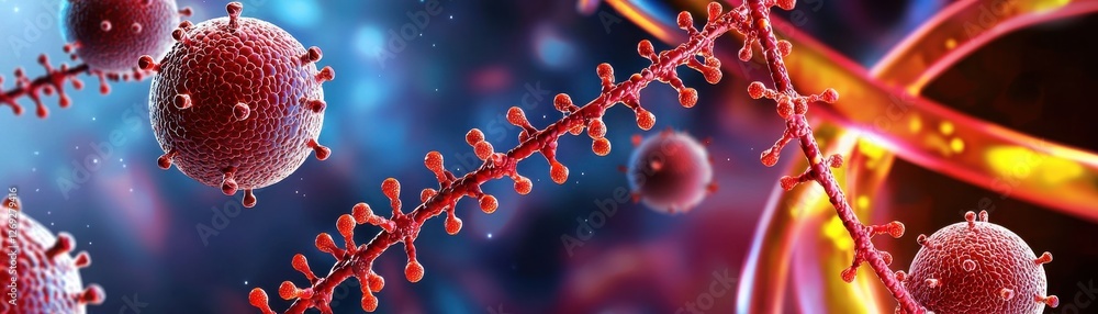 Poster a vibrant depiction of virus structures with red elements against a colorful, abstract background, e