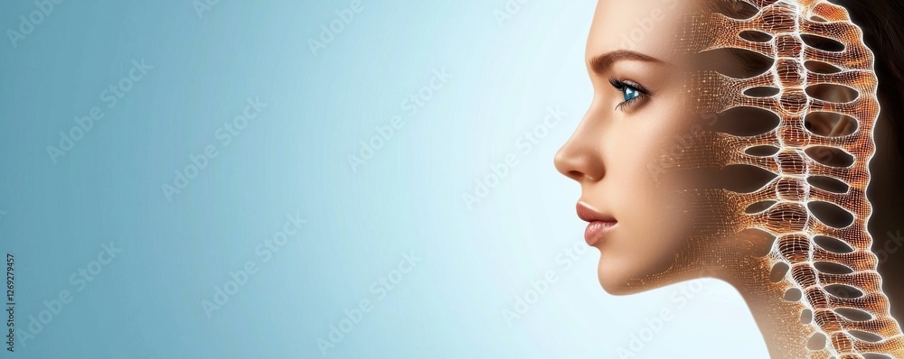 Poster a futuristic portrait blending human features with skeletal elements, symbolizing the intersection o