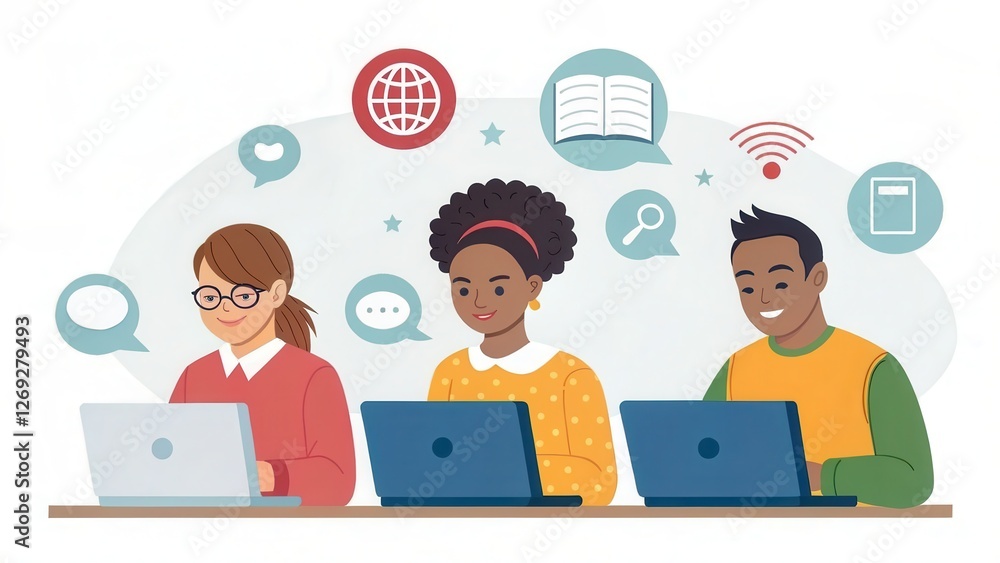 Leinwandbilder online training technology, accessible anytime and anywhere concept. three diverse individuals worki