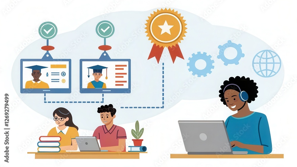 Poster online training technology, accessible anytime and anywhere concept. online learning illustration wi