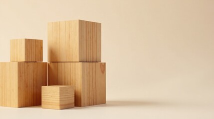 Wooden blocks arranged in a minimalist composition against a neutral background, showcasing simple geometric forms and natural textures.