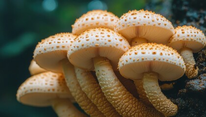 Vibrant orange mushrooms growing on a tree trunk in a lush green forest setting.