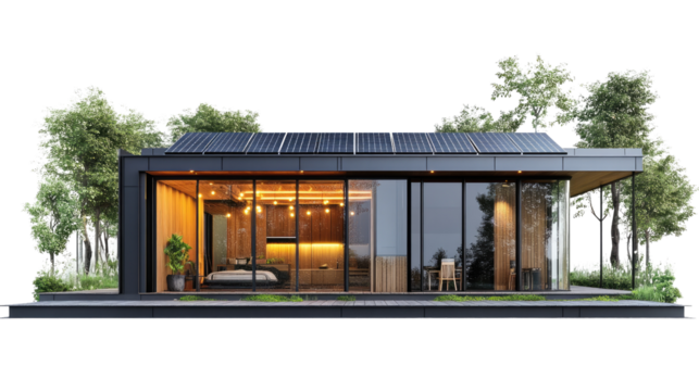 Modern Eco-Friendly Home: A contemporary dwelling seamlessly blends with nature, showcasing sustainable living with solar panels and sleek architectural design, surrounded by lush greenery.