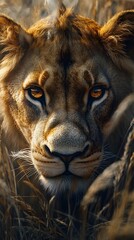Beautiful Lion Close Up Shot With Intense Gaze in Grassland Photo