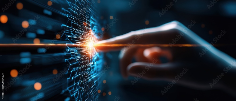 Poster a hand reaches out to touch a glowing digital interface, symbolizing interaction with technology and