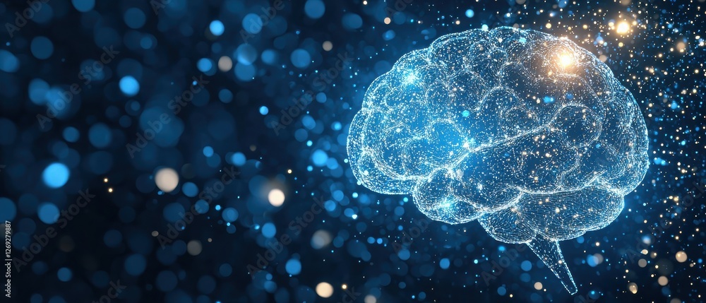 Poster a digital representation of a brain surrounded by blue particles, symbolizing knowledge, technology,