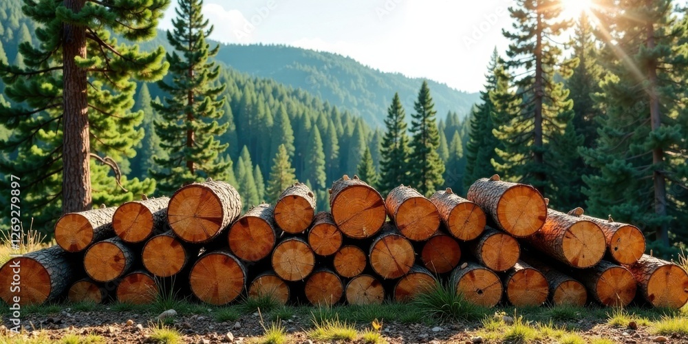 Aufkleber Stack of freshly cut pine logs in a forest setting at sunset