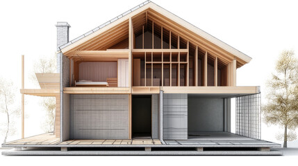 Architectural Blueprint: A detailed cross-section of a modern wooden house showcases the structural framework, revealing the inner workings of the construction.