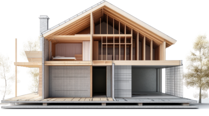 Architectural Blueprint: A detailed cross-section of a modern wooden house showcases the structural framework, revealing the inner workings of the construction.