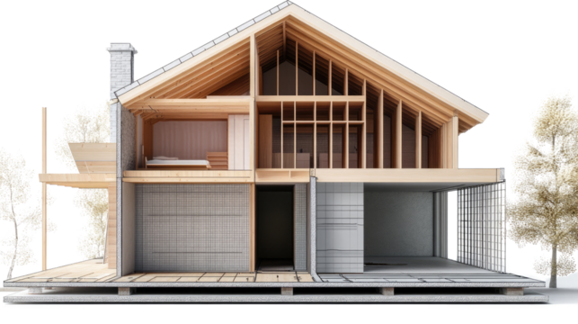 Architectural Blueprint: A detailed cross-section of a modern wooden house showcases the structural framework, revealing the inner workings of the construction.
