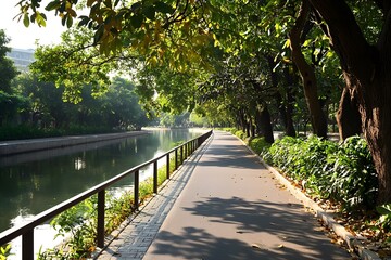 Obraz premium Serene morning stroll along a scenic pathway city park nature photography sunlit environment eye-level viewpoint tranquil atmosphere for relaxation