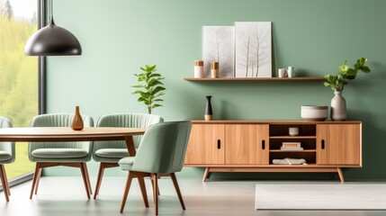 A stylish dining area featuring a green wall, wooden furniture, modern decor, and plants, creating a fresh and inviting atmosphere.