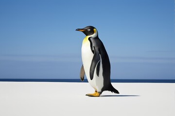 Obraz premium there is a penguin standing on the beach with the ocean in the background