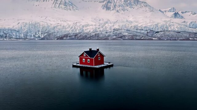 A solitary red house floats on a calm icy lake, surrounded by towering snow-covered mountains. A breathtaking and surreal winter landscape.  
