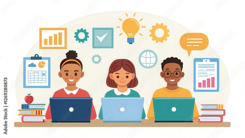 Fototapete online training technology, accessible anytime and anywhere concept. three diverse students working 